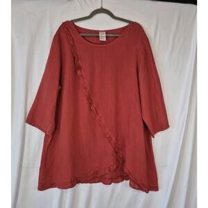 Matchpoint Womens Rust Red 100% Linen Ruffled Tunic Shirt Top Medium